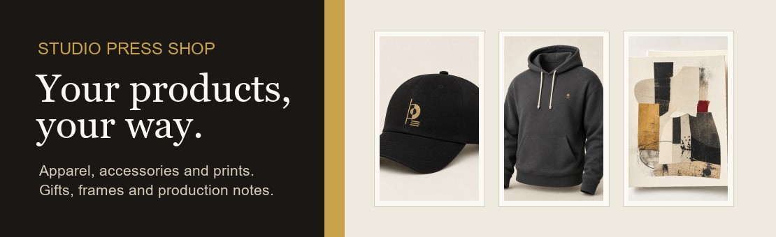 Studio Press Shop apparel, accessories, and print samples